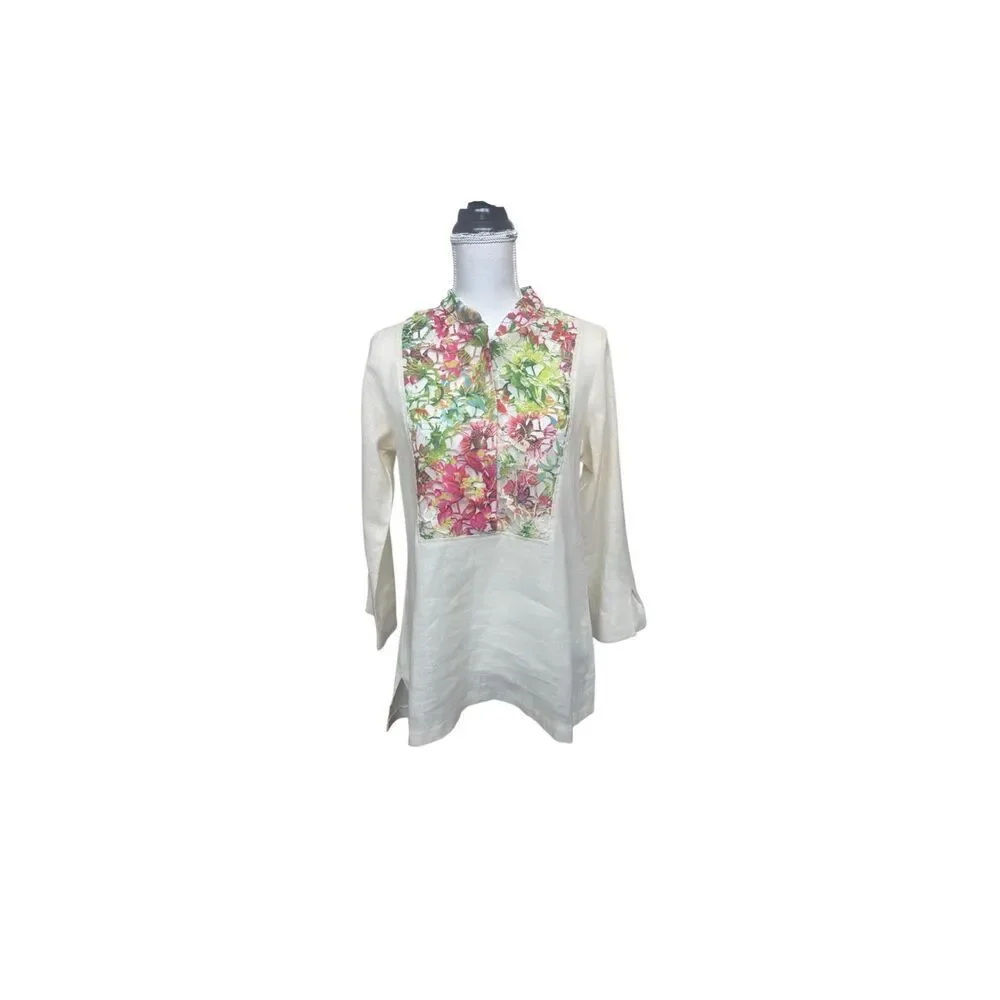 Boho Chic 100% Linen Floral Panel Tunic, Size S, Made in USA